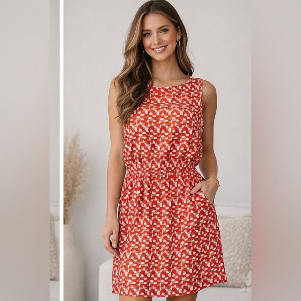 Feathers Red and White Sleeveless Elastic-Waist Mini Dress